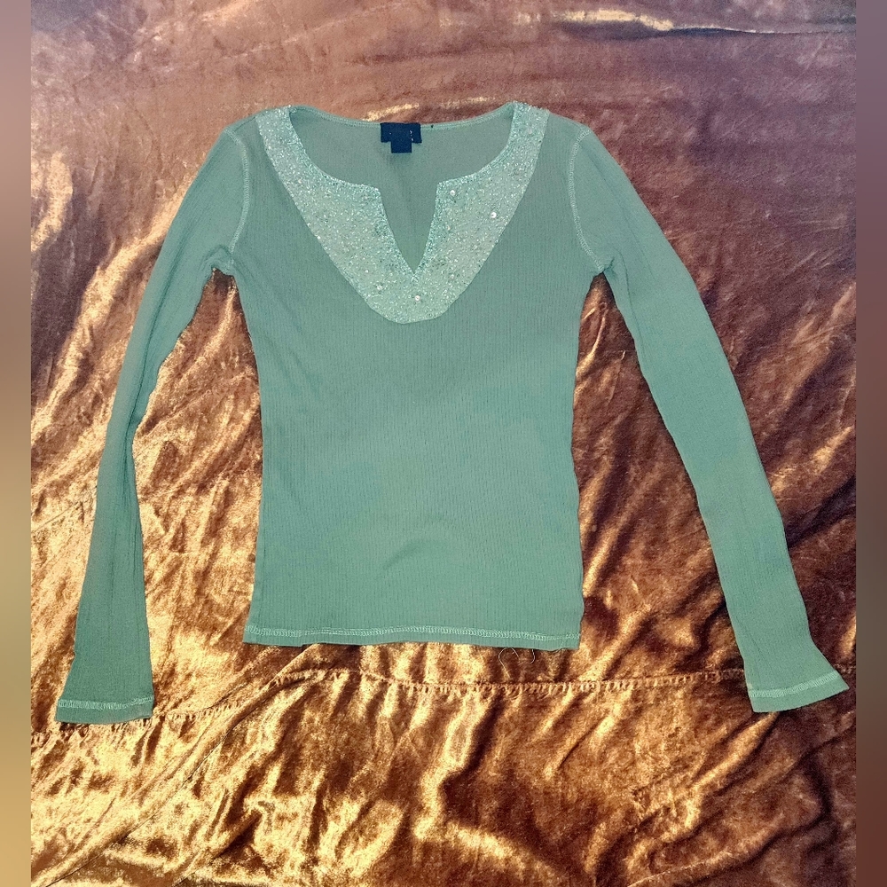 Vintage 1990s Fame Knitworks Beaded Long-Sleeve Top V-Neck